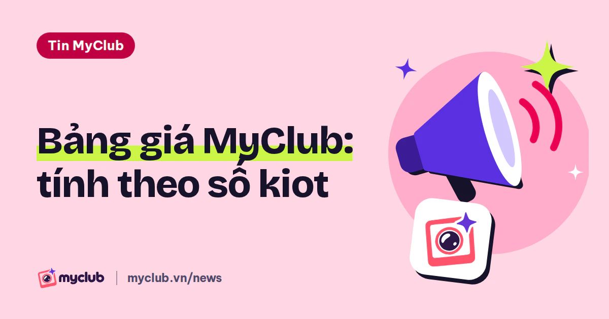 Minh hoạ phẳng chiếc loa thông báo, ngôi sao bốn cánh và biểu tượng MyClub, kèm dòng chữ Bảng giá MyClub: tính theo số kiot