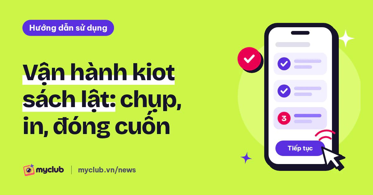 Minh hoạ phẳng một chiếc điện thoại với ba bước 1-2-3 và con trỏ bấm, cạnh dòng chữ Vận hành kiot sách lật: chụp, in, đóng cuốn