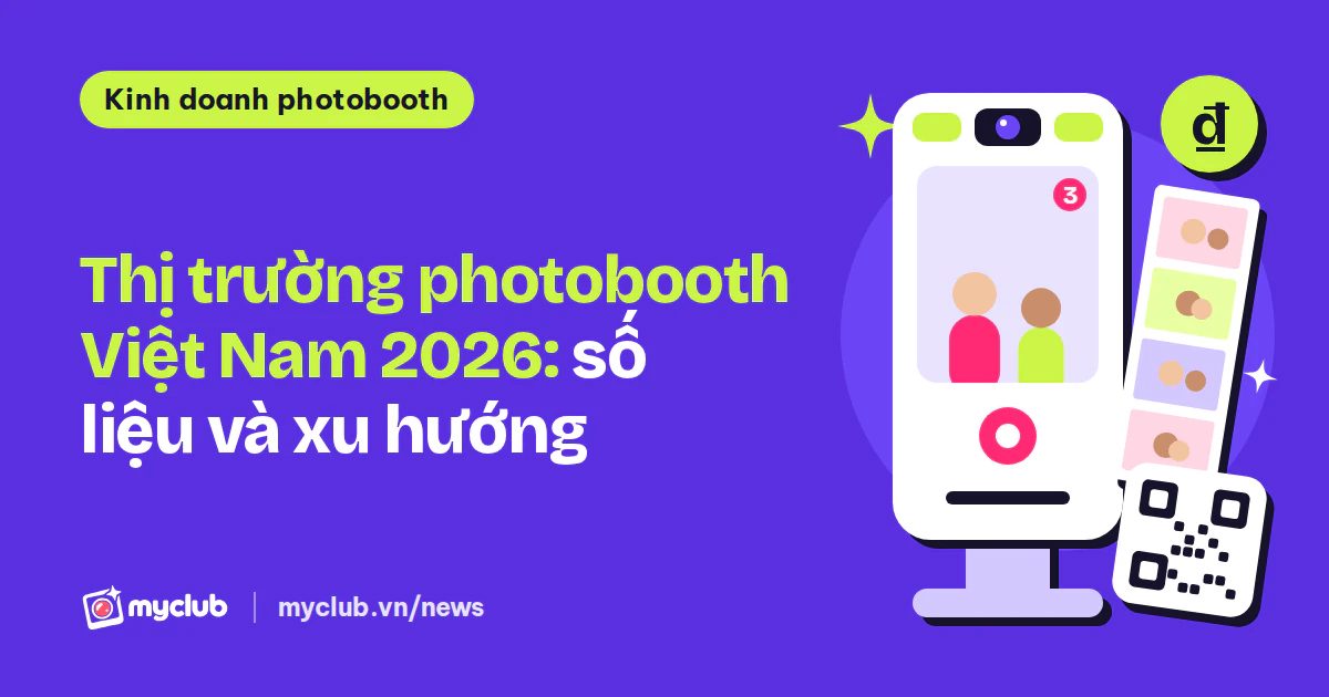 Minh hoạ phẳng một kiot chụp ảnh bên dải ảnh 2x6 và mã QR, kèm dòng chữ Thị trường photobooth Việt Nam 2026: số liệu và xu hướng; không có người thật.