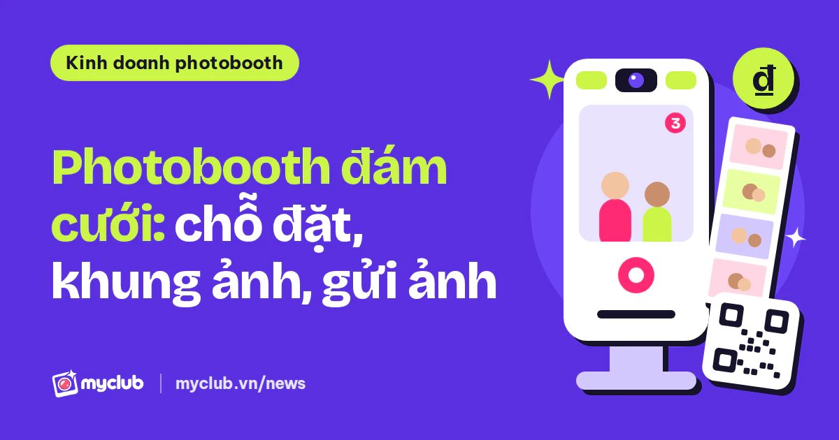 Minh hoạ phẳng kiot chụp ảnh, dải ảnh 2x6 và mã QR, kèm chữ “Photobooth đám cưới: chỗ đặt, khung ảnh, gửi ảnh”