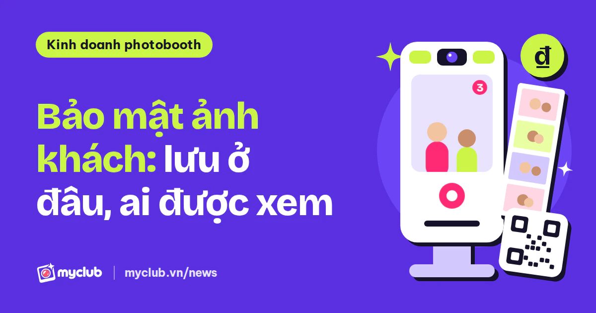 Minh hoạ phẳng một kiot chụp ảnh, dải ảnh 2x6 và mã QR, kèm chữ “Bảo mật ảnh khách: lưu ở đâu, ai được xem”