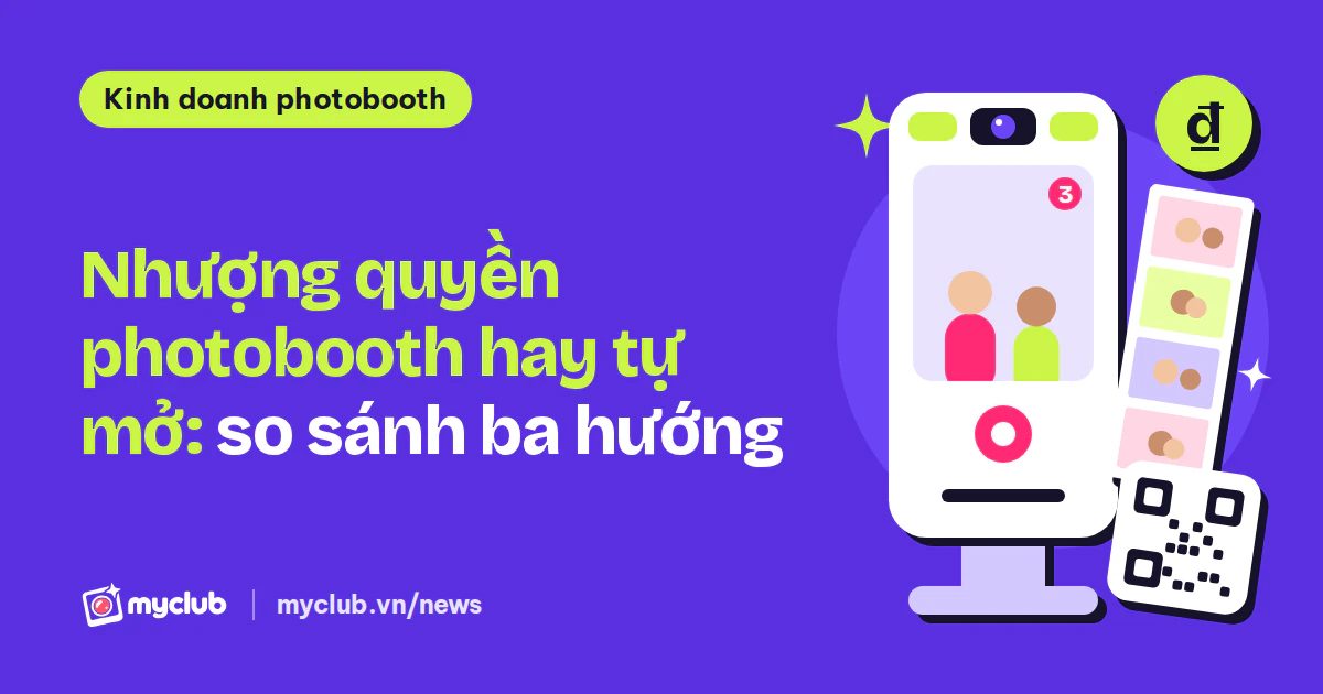 Minh hoạ phẳng một kiot chụp ảnh, dải ảnh 2x6 và mã QR, cạnh dòng chữ Nhượng quyền photobooth hay tự mở