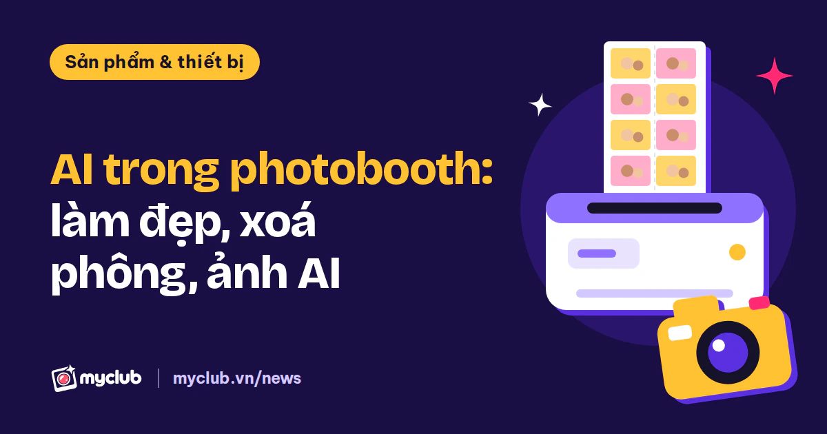 Minh hoạ phẳng một máy in ảnh nhả tờ 4x6 cạnh máy ảnh, kèm dòng chữ AI trong photobooth: làm đẹp, xoá phông, ảnh AI; không có người thật.
