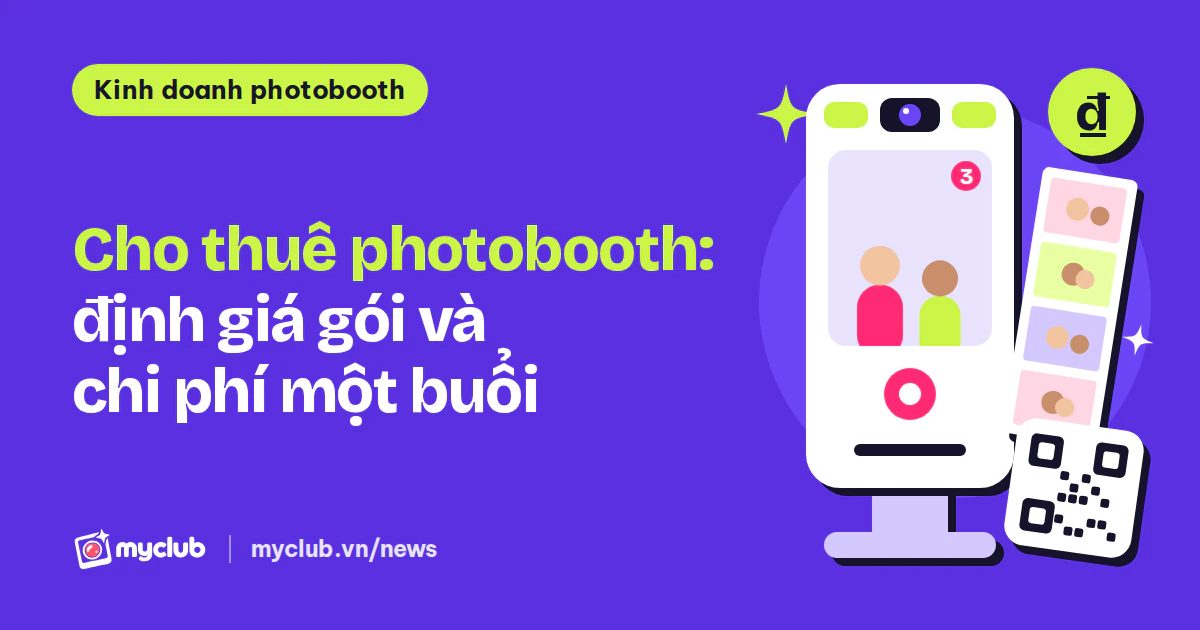 Minh hoạ phẳng một kiot chụp ảnh bên dải ảnh 2x6 và mã QR, kèm dòng chữ Cho thuê photobooth: định giá gói và chi phí một buổi; không có người thật.