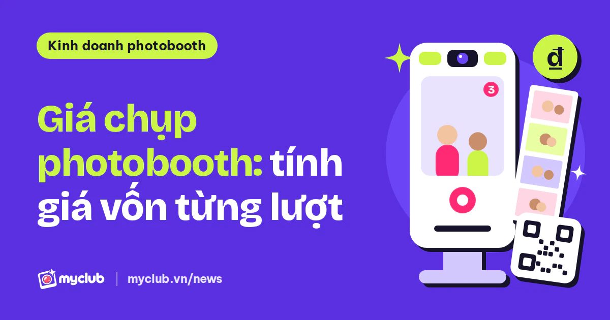 Minh hoạ phẳng kiot chụp ảnh, dải ảnh 2x6 và mã QR, kèm chữ “Giá chụp photobooth: tính giá vốn từng lượt”