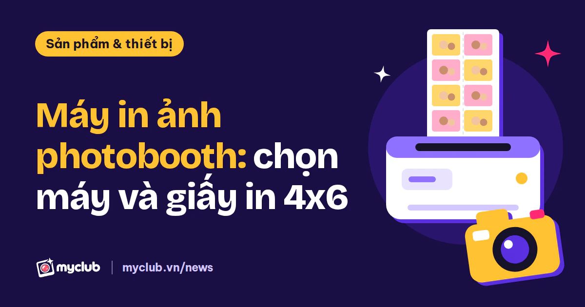 Minh hoạ phẳng một máy in ảnh nhả tờ 4x6 cạnh máy ảnh, kèm dòng chữ Máy in ảnh photobooth: chọn máy và giấy in 4x6; không có người thật.